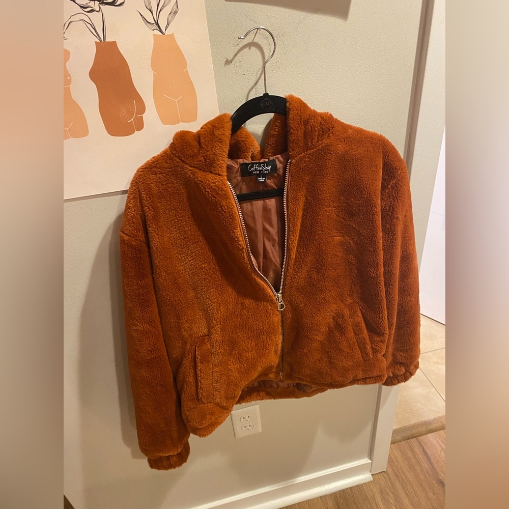 coffee brown fuzzy bomber jacket NWOT